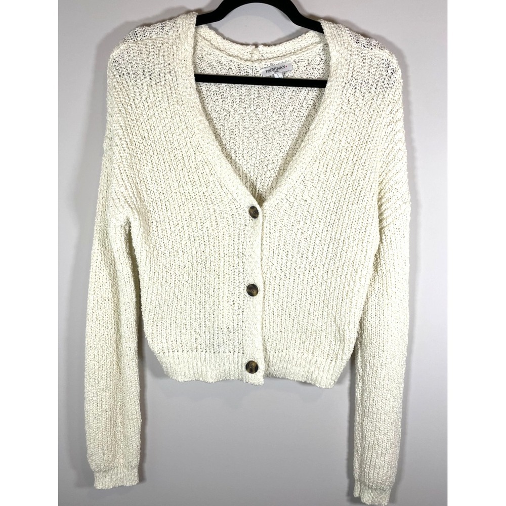 Freshman 1996 Ivory Chenille Cardigan Sweater Womens L Cropped Button Front